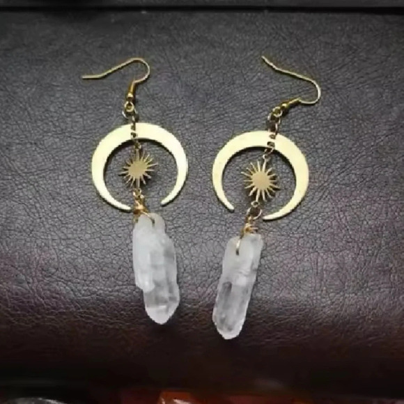 Sun Crescent Gold Natural Stone Witchy Earrings - Picture 2 of 4